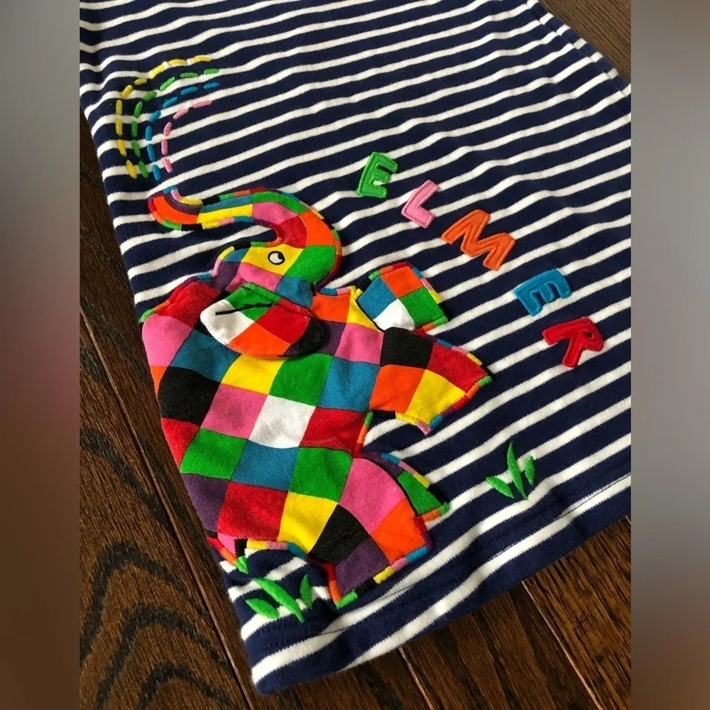 JoJo Maman Bébé Girls 3-4 Navy Blue Striped Elmer Elephant Appliqué A-Line Dress